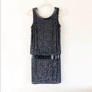 Cache Midnight Blue Sequin Mini Drop waist Sleeveless Dress